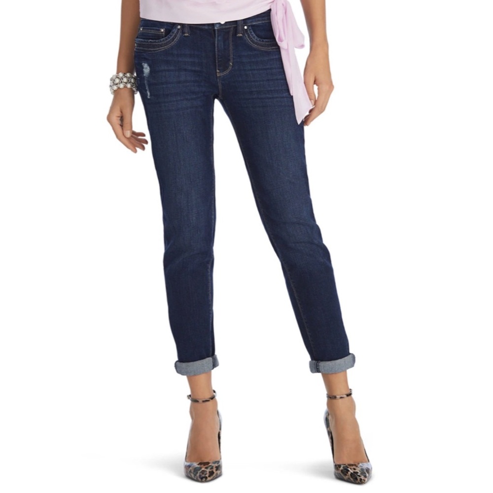 WHBM Girlfriend Dark Wash Distressed Jeans Midrise Embroidered Pockets sz 0